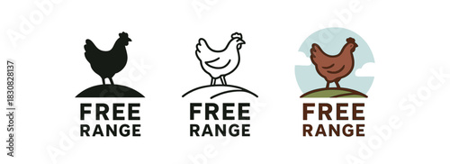 free range icons three free range bird on hill icons one flat solid monochrome one thin black outline black and white one full color flat icon with soft sky tones
