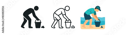 beach cleanup icons three icons of volunteers picking up trash on beach with buckets one flat solid monochrome one thin black outline black and white one full color flat icon blue sea tones