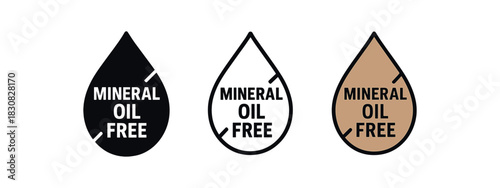 mineral oil free icons three mineral oil free drop icons one flat solid monochrome one thin black outline black and white one full color flat icon with soft brown accent