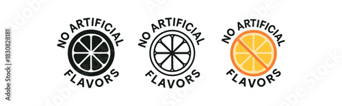 no artificial flavors icons three no artificial flavors citrus slice icons one flat solid monochrome one thin black outline black and white one full color flat icon with small cross line