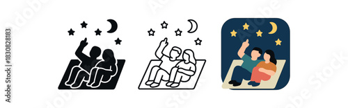 stargazing icons three icons of couple lying on blanket watching night sky one flat solid monochrome one thin black outline black and white one full color flat icon deep night blue