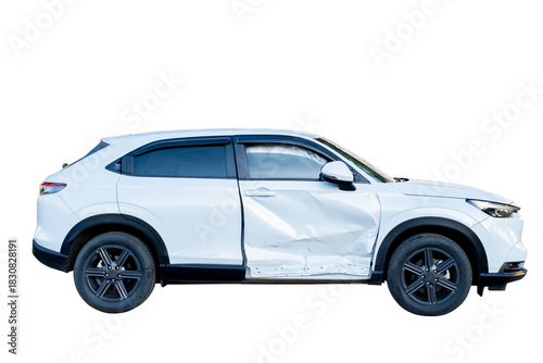 Car crash, Side view of white sedan car get damaged by accident on the road. damaged cars after collision. isolated on transparent background, car crash bumper for graphic design, PNG File