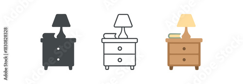 calm nightstand icons three icons of simple nightstand with lamp and book one flat solid monochrome one thin black outline black and white one full color flat icon cozy palette
