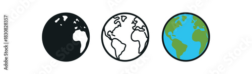 earth globe icons three earth globe icons one flat solid monochrome one thin black outline black and white one full color flat icon with blue oceans and green continents