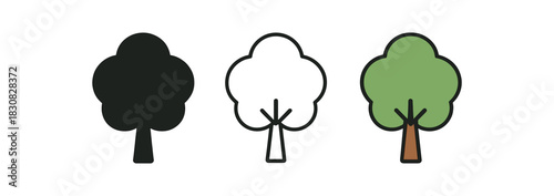tree icons three simple tree icons one flat solid monochrome one thin black outline black and white one full color flat icon with green crown and brown trunk