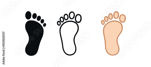 footprint icons three barefoot footprint icons one flat solid monochrome one thin black outline black and white one full color flat icon soft beige