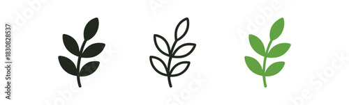 branch icons three branch with small leaves icons one flat solid monochrome one thin black outline black and white one full color flat icon green