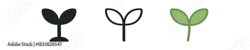 sprout icons three tiny plant sprout icons one flat solid monochrome one thin black outline black and white one full color flat icon light green with small stem