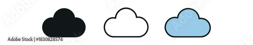 cloud icons three fluffy cloud icons one flat solid monochrome one thin black outline black and white one full color flat icon soft blue