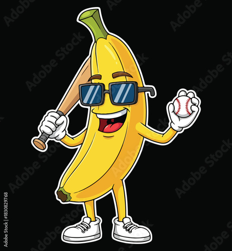 Cool Cartoon Banana Baseball Mascot Holding Bat And Ball Wearing Sunglasses Vector Illustration For Sports T-shirt Design Print.
