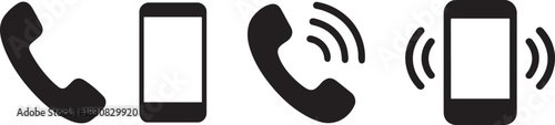 Silhouette ringing phone icon set showing call alerts, notifications, and communication signals.