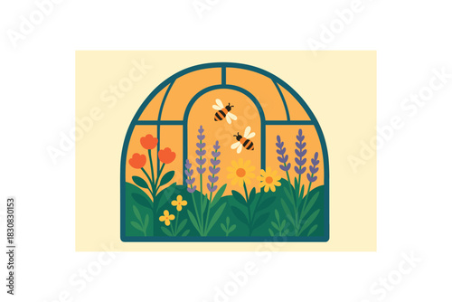 Flat vector illustration of colorful greenhouse with vivid flowering herbs and bees inside rounded structure minimal details