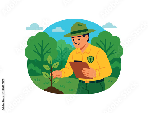 Flat vector illustration of bright forest ranger checking sapling growth with clipboard bold colors rounded form minimal details