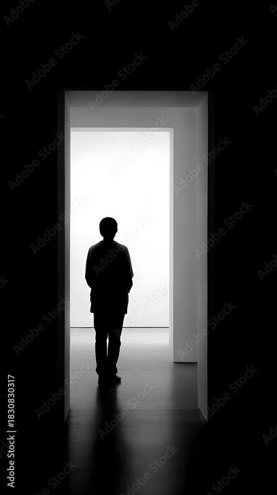 Obraz premium Enigmatic Passage: A lone figure emerges from darkness into a bright, illuminating corridor, presenting a captivating play of light and shadow, hinting at anticipation and introspection.