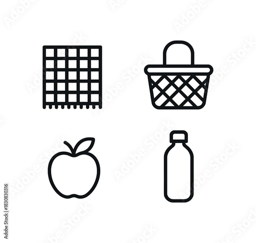 4 minimal icons picnic blanket black outline wicker basket black outline black outline reusable bottle black outline