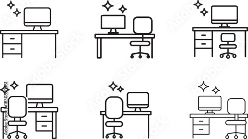 Simple linear desk cleaning icon set showing wiping, dusting, and surface care in minimalist style.