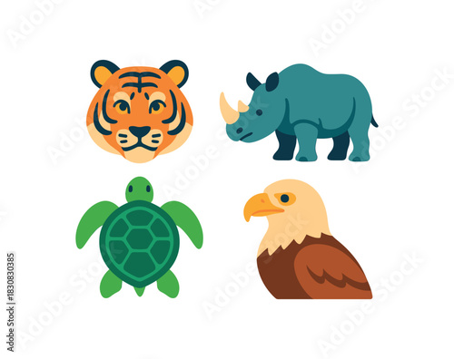 Flat vector illustration of colorful endangered species awareness icon set: tiger rhino sea turtle eagle vivid tones rounded shapes