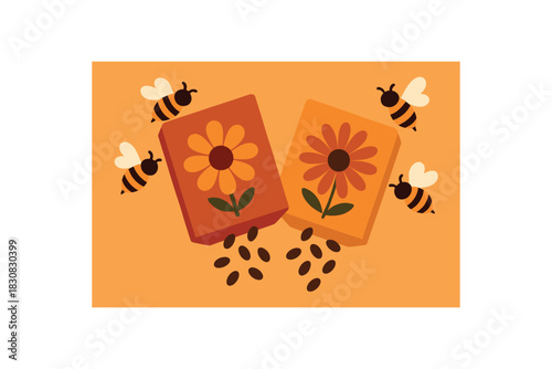 Flat vector illustration of bright native flower seed packets spilling seed icons with bees nearby rounded shapes