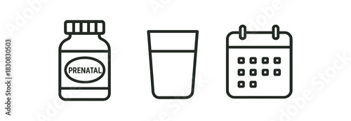minimal icons prenatal vitamin bottle black outline glass of water black outline calendar page black outline
