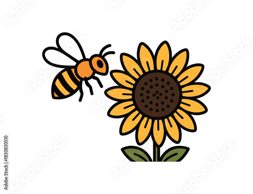 Flat vector illustration of bright honeybee hovering over vivid sunflower rounded shapes clean outline clean white background pollinators protection