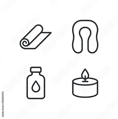 4 minimal icons yoga mat black outline pregnancy pillow black outline essential oil bottle black outline candle black outline