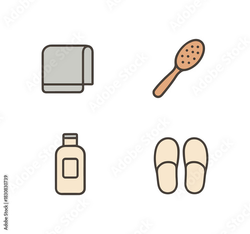 4 minimal icons towel colored soft gray dry brush colored wood brown shower gel bottle colored light beige slippers colored cream