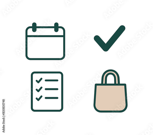 4 minimal icons calendar page colored white and green checkmark colored green grocery list sheet colored white reusable shopping bag colored beige