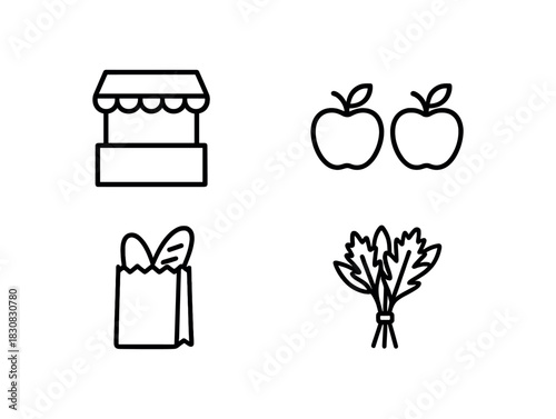 4 minimal icons market stand outline black apples black outline bread paper bag black outline bouquet of greens black outline