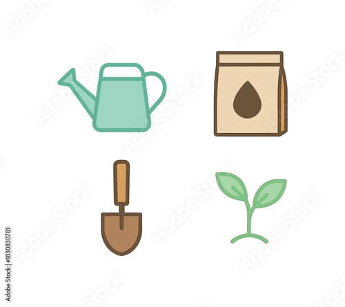 4 minimal icons watering can colored mint seed packet colored beige shovel colored wood brown sprout colored light green