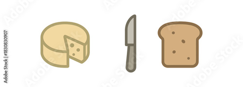 minimal icons cheese wheel colored beige knife colored gray bread slice colored brown