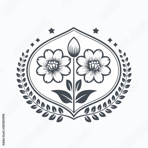 Elegant Floral Crest Icon with Blooming Flowers and Decorative Laurel Wreath Design