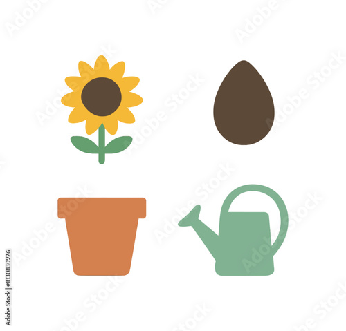 4 minimal icons sunflower colored seed head colored brown pot colored terracotta watering can colored mint