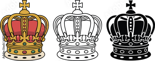 Royal crown silhouette & Outline and illustration set isolated on transparent background