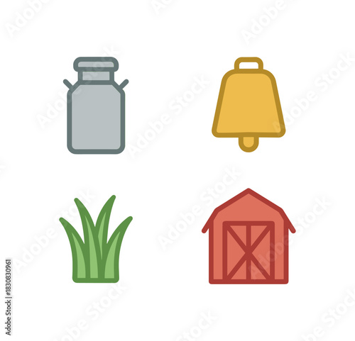 4 minimal icons milk churn colored silver cow bell colored gold grass colored green barn door colored red