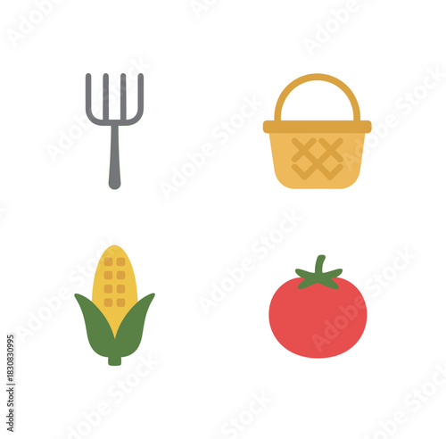 4 minimal icons pitchfork colored gray basket colored straw corn colored tomato colored red