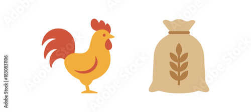 2 minimal icons rooster colored red and grain sack colored beige