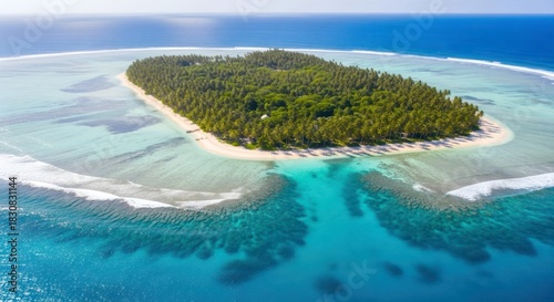 Aerial view of a pristine tropical island with lush palm trees and clear blue ocean
