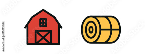 2 minimal icons barn colored red hay bale colored