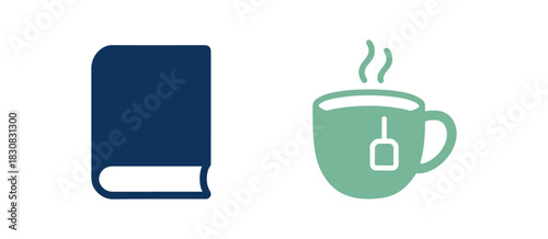 2 minimal icons book colored dark blue cup of herbal tea colored soft green