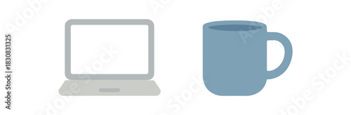 2 minimal icons laptop colored light gray ceramic mug colored soft blue