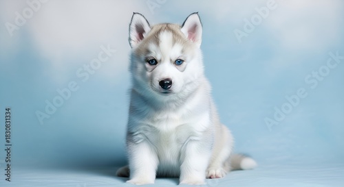 Adorable Siberian Husky puppy with striking blue eyes sitting on a light blue background.