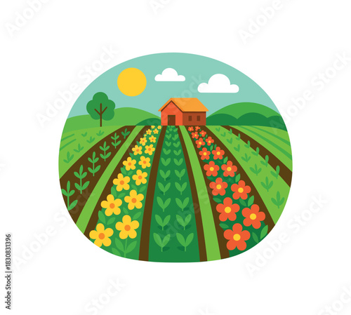 Flat vector illustration of bright ecofriendly farm field with bold flower strips between crops rounded landscape clean vector