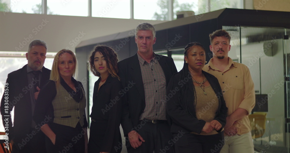 Obraz premium Diverse group of six professionals standing in modern office, serious expressions, business team posed together for group portrait in bright corporate environment