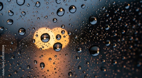 Raindrops on glass with blurred city lights at night