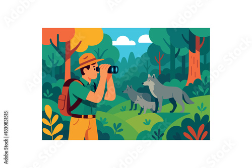 Flat vector illustration of colorful ranger monitoring wolves with binoculars protected forest vivid accents rounded shapes