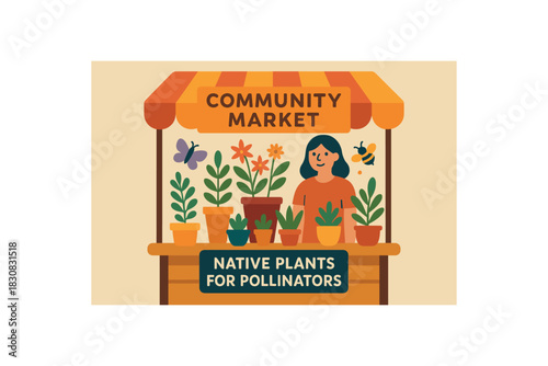 Flat vector illustration of colorful community market stall selling native plants for pollinators vivid pots rounded figures minimal details