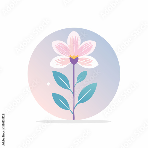 A beautiful symmetrical floral icon featuring a delicate pink flower with graceful petals and stem, enclosed within a soft pastel gradient circle