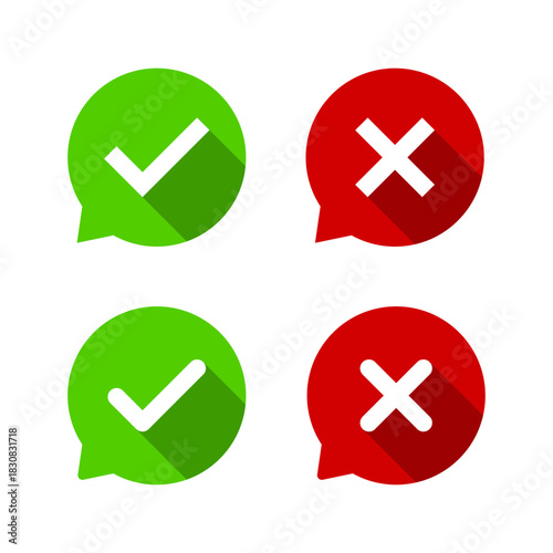 Speech bubble with check and cross mark icon. Approval and rejection message symbol with long shadow