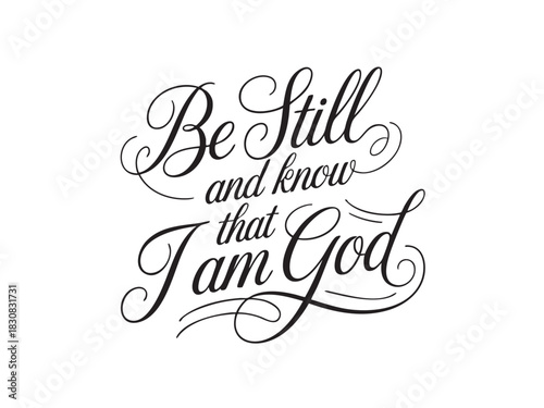 A decorative hand-lettered design featuring the inspirational religious phrase Be still and know that I am God.