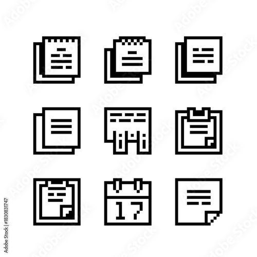 Set of pixel art document icons in retro 8-bit style, including sheets, notes, calendars, clipped papers, and text pages. Perfect for UI, apps, planners, dashboards, productivity tools, and games.